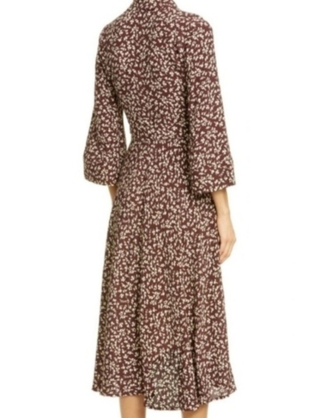 Ganni Maroon 3/4 Sleeve Wrap Dress with Cream Floral Print - Picture 2 of 7